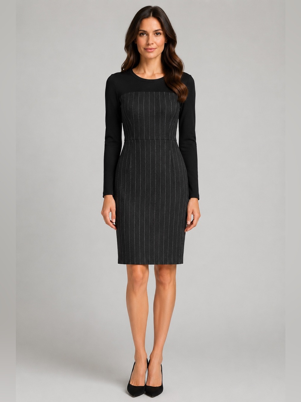 MaxMara Black Pinstripe Long-Sleeve Sheath Dress